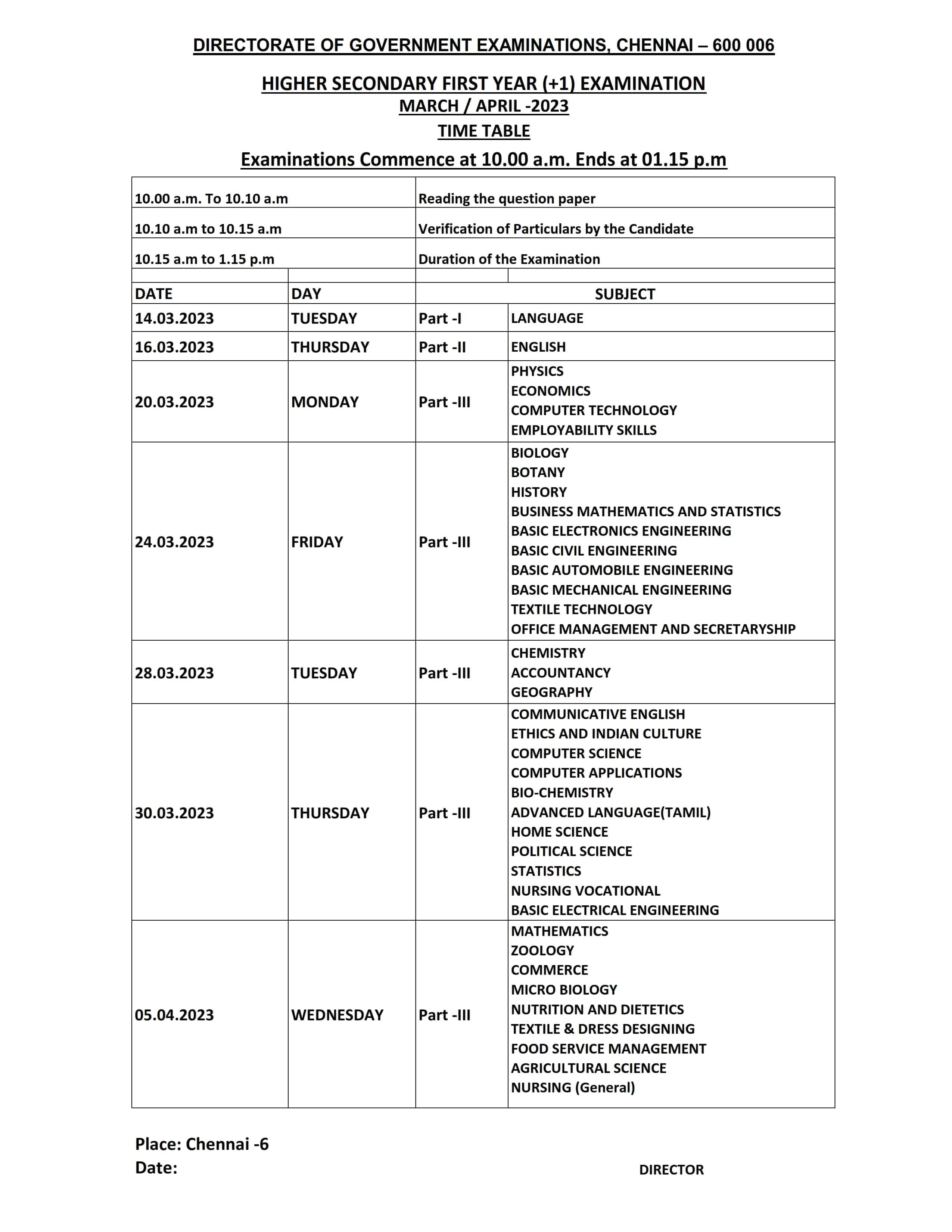 Tamil Nadu 11th Exam Time Table 2023 (Released) Check Now