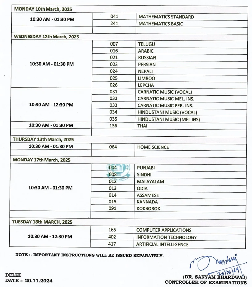 CBSE Class 10 Date Sheet 2026
