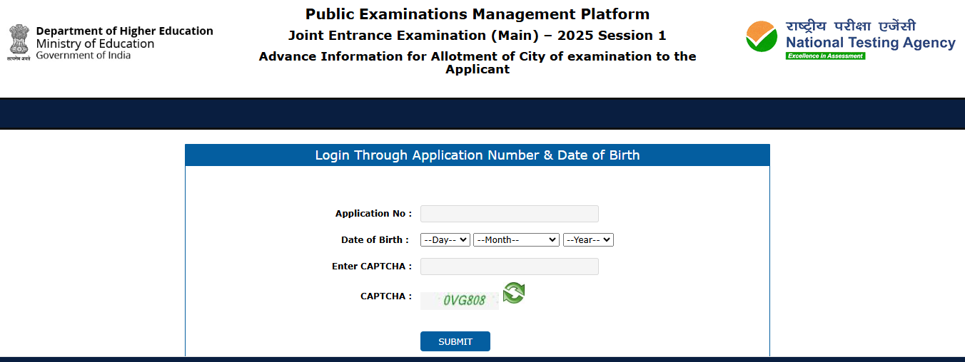 JEE Main City Intimation Slip