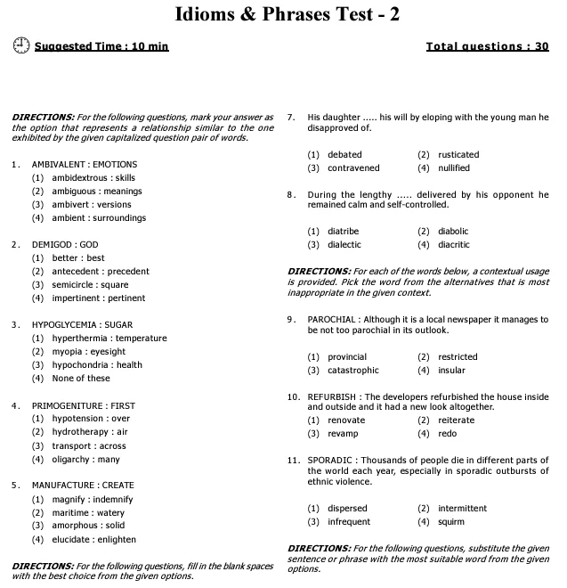 CAT Idioms and Phrases Test PDF With Answers