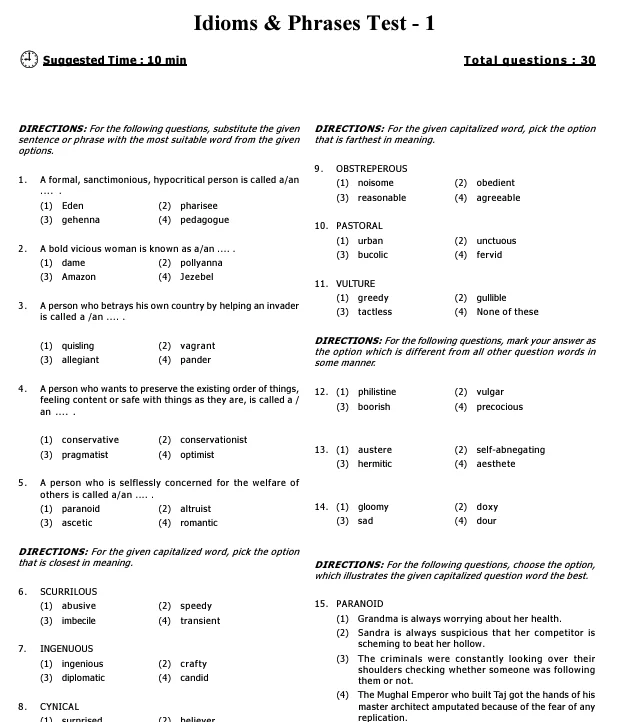 CAT Idioms and Phrases Test PDF