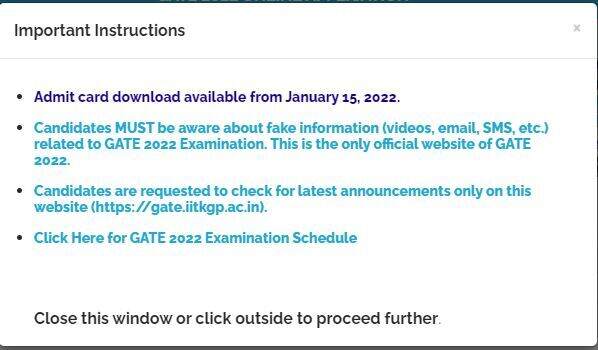 GATE Admit Card Important Instruction