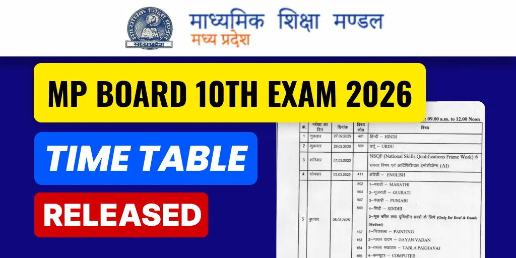 MP Board 10th Time Table 2026