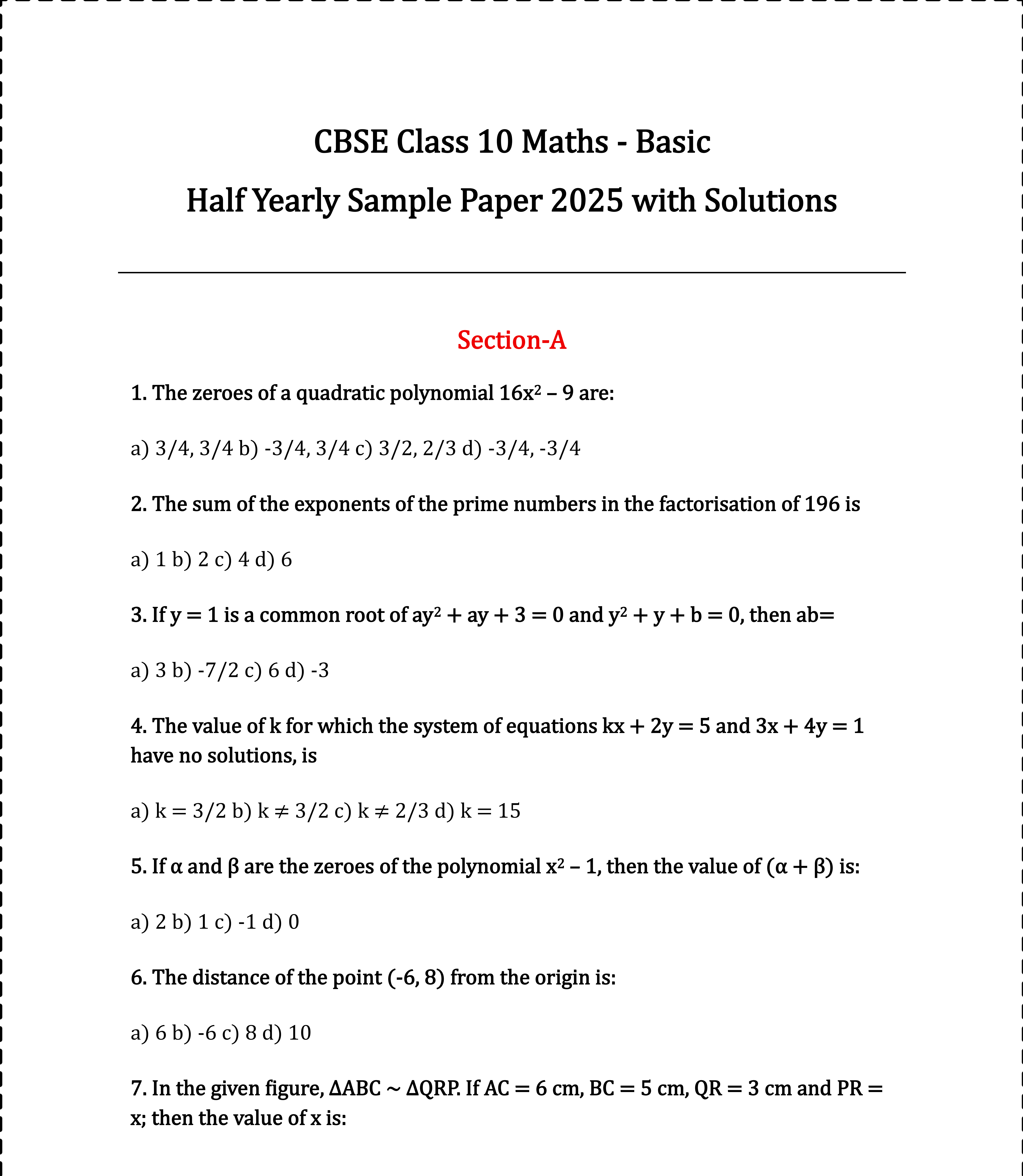 CBSE Class 10 Maths Basic Sample Paper 2025, Class 10 Half Yearly Question Paper Maths, CBSE Sample Paper 2025 PDF