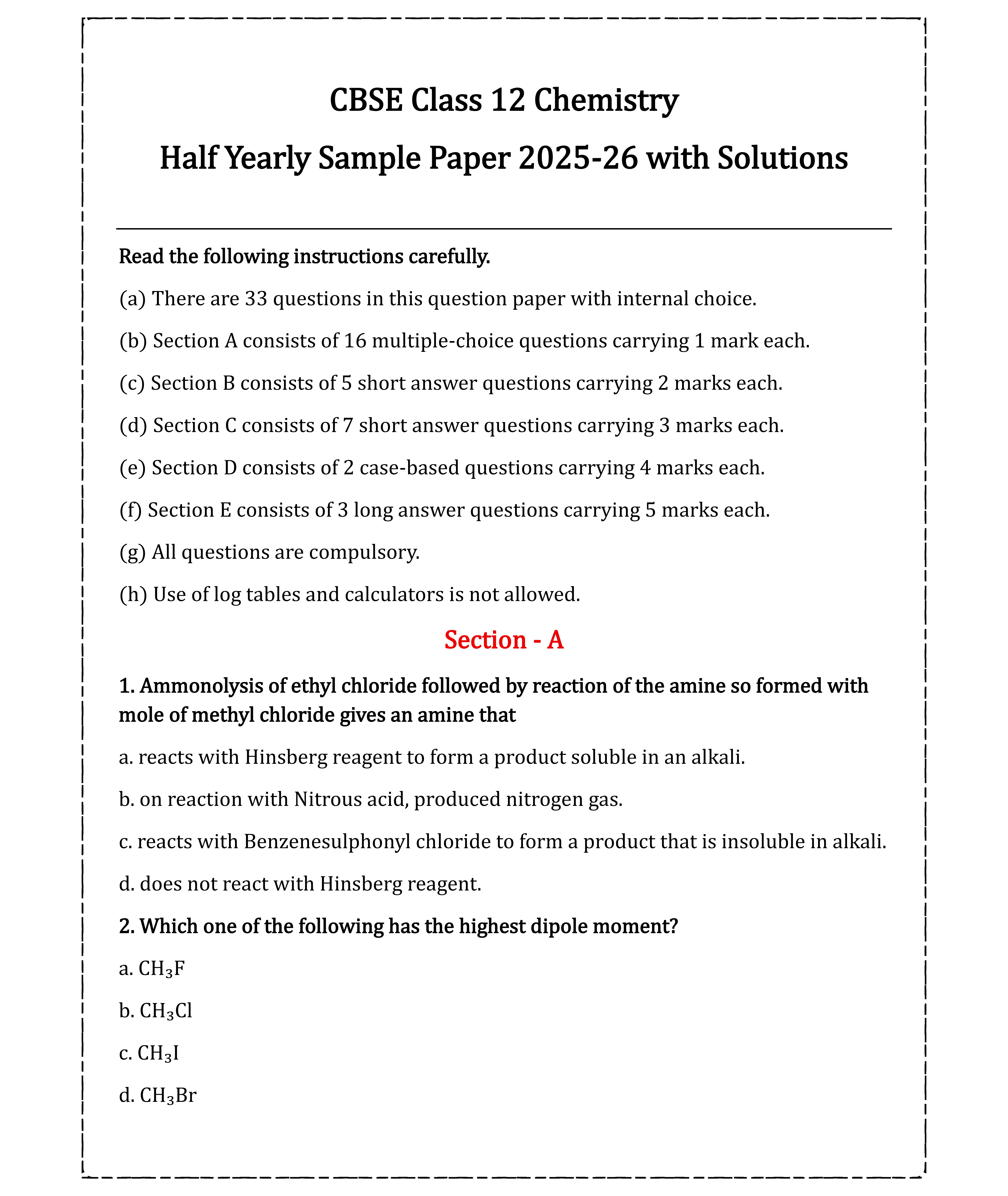 CBSE Class 12 Chemistry Half Yearly Sample Paper 2025-26, CBSE 12th Chemistry Sample Paper PDF, CBSE Class 12 Chemistry Important Questions, CBSE Chemistry Half Yearly Exam 2025, CBSE Class 12 Chemistry Solutions