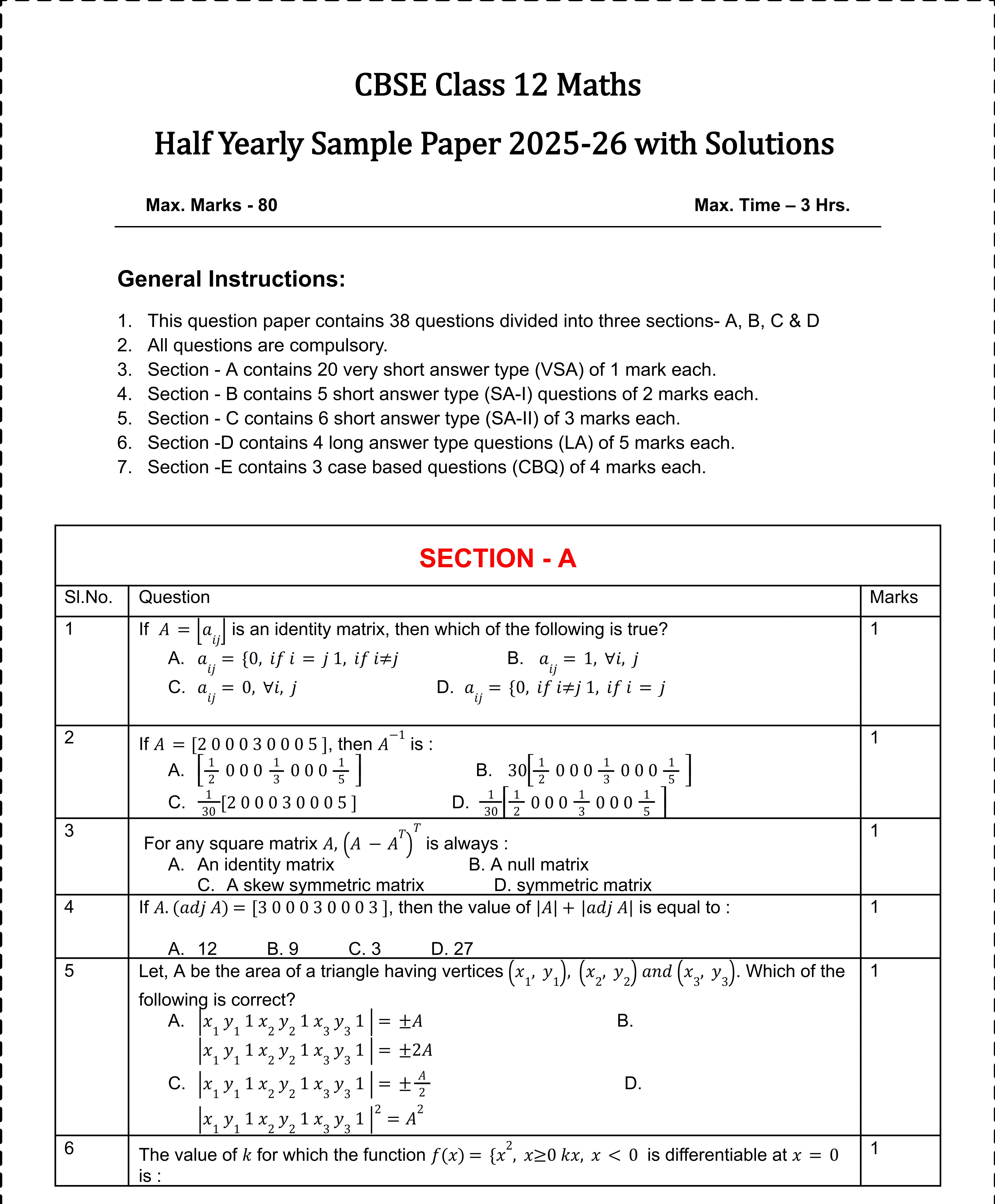 CBSE Class 12 Maths Half Yearly Sample Paper 2025-26, CBSE 12th Maths Half Yearly Question Paper PDF, CBSE Class 12 Maths Half Yearly Exam Pattern, Class 12 Maths Half Yearly Important Questions, CBSE Maths Sample Paper 2025 with Solutions