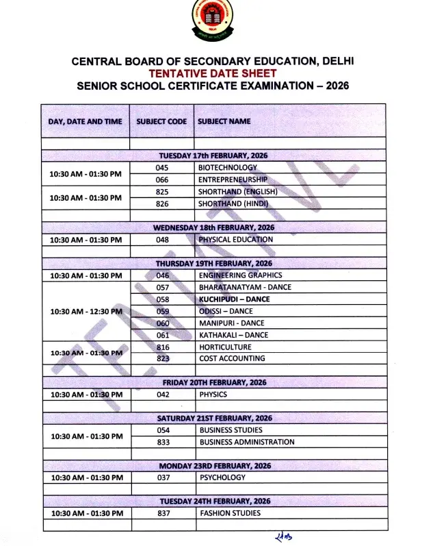 CBSE Class 12 Date Sheet 2026
