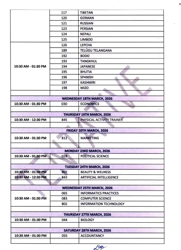 CBSE Class 12 Date Sheet 2026