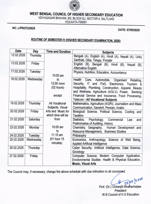 HS Exam Routine 2026 West Bengal Board