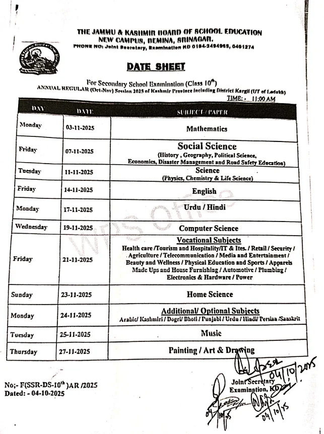 JKBOSE Class 10 Board Exam Date Sheet 2025