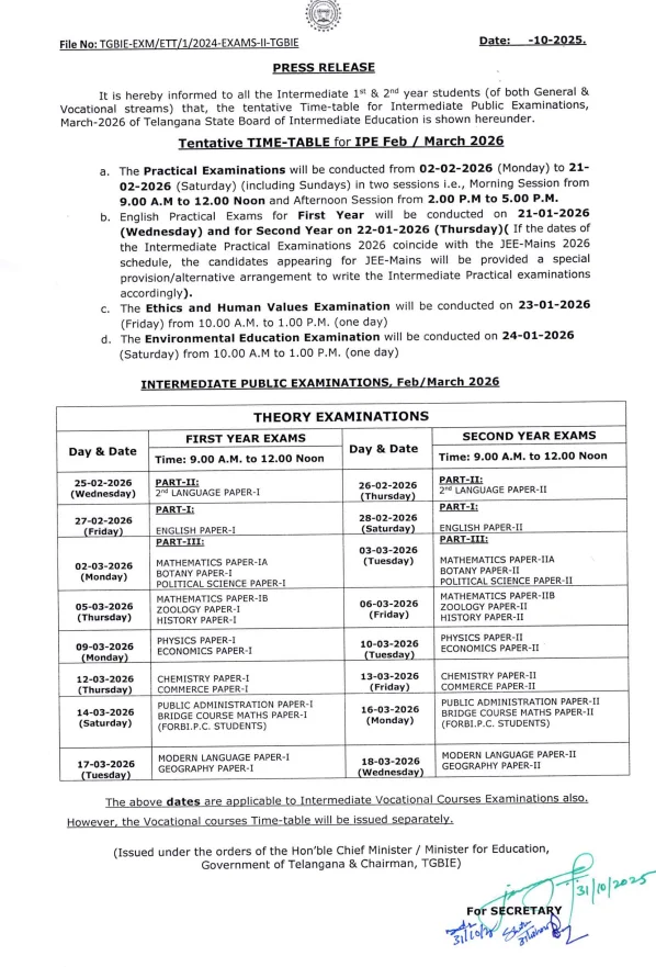 TS Intermediate 2nd Year Exam Time Table 2026