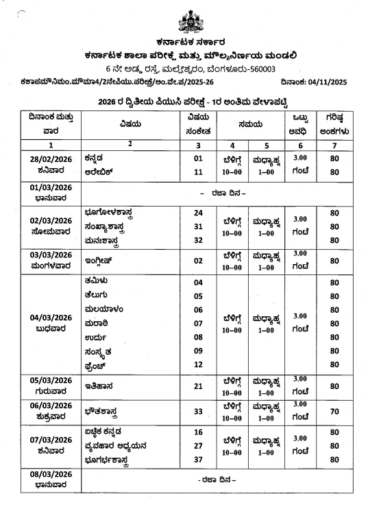 Karnataka 2nd PUC Time Table 2026