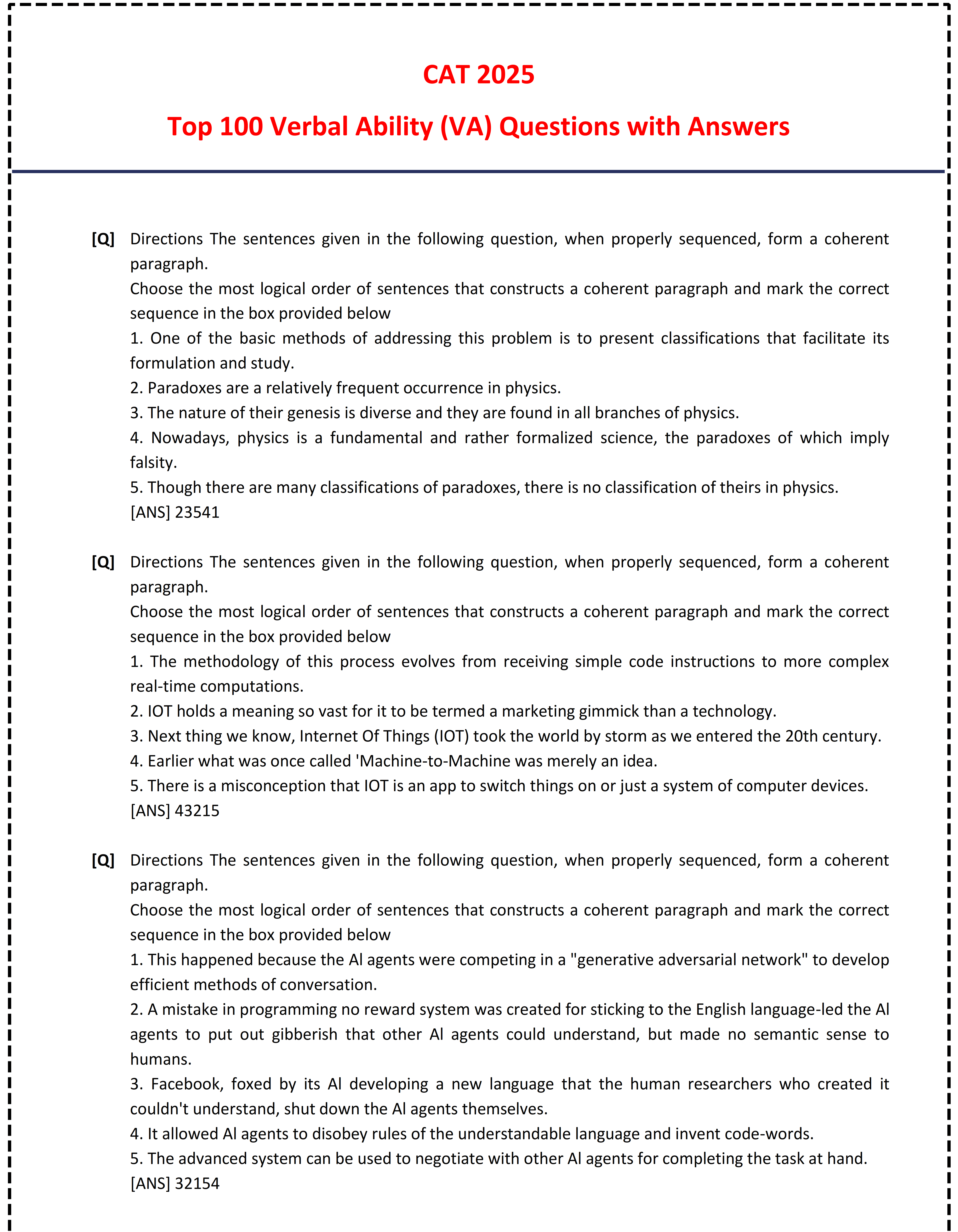 CAT 2025, Verbal Ability, VA questions, CAT VA preparation, CAT important questions, CAT 2025 questions, VA section, CAT mock questions