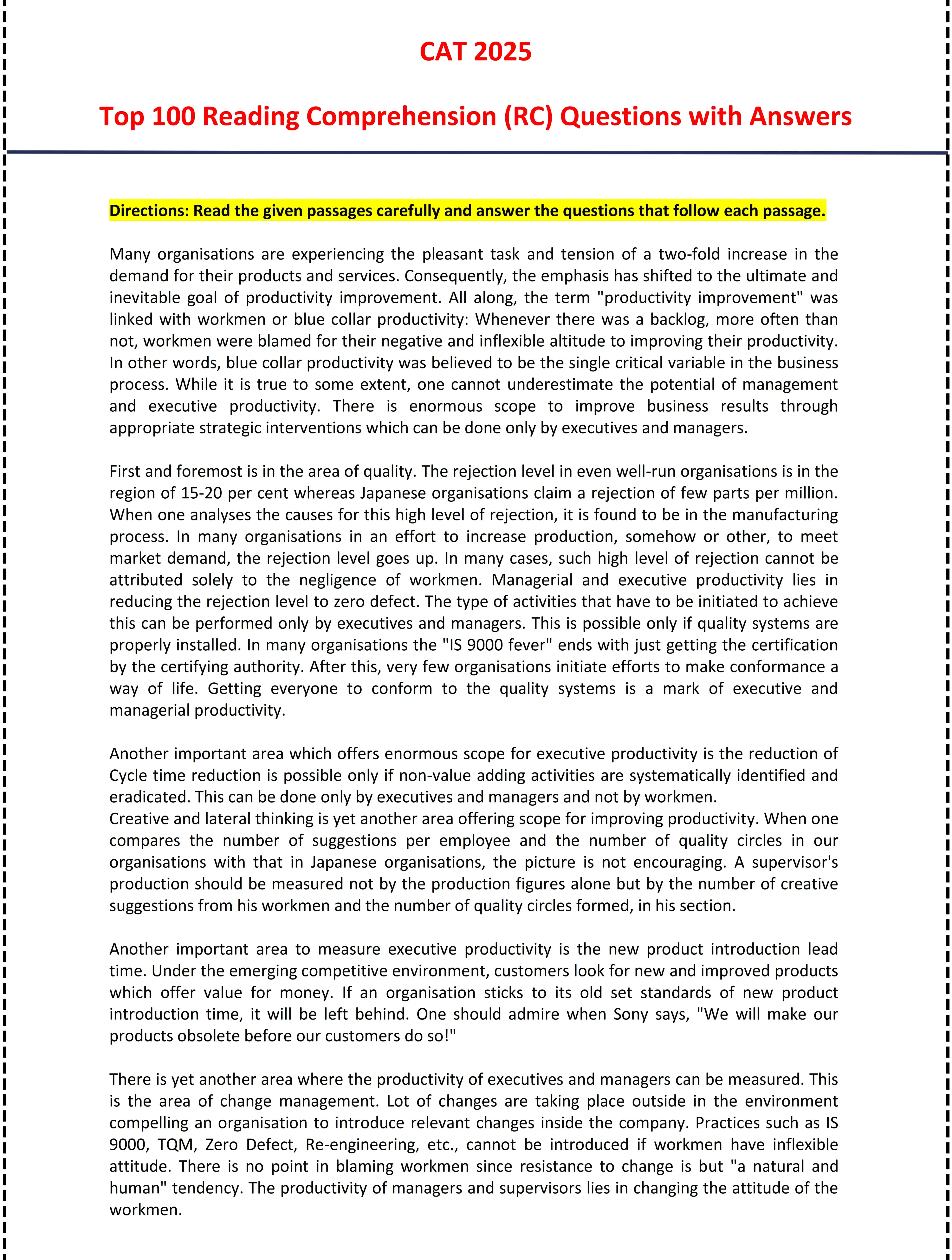 CAT 2025, Reading Comprehension questions, RC questions with solutions, CAT RC PDF, top 100 RC questions, CAT preparation, Verbal Ability, CAT exam pattern