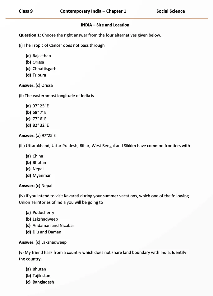 NCERT Solutions for Class 9 Social Science Geography (Contemporary India)