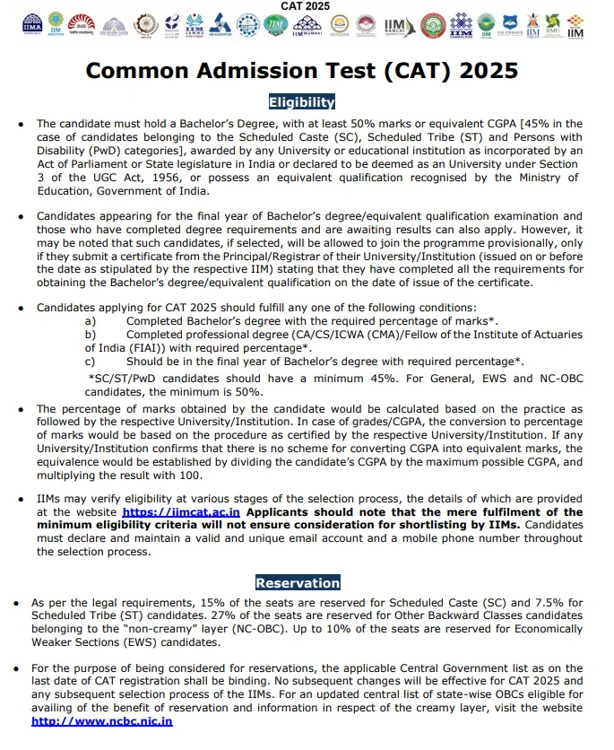 Cat Exam Eligibility And Reservation Criteria 2025