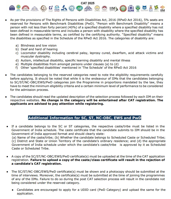 Eligibility And Reservation Criteria 2025 for cat