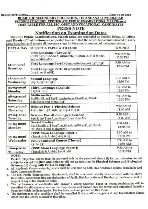 Telangana SSC Exam Time Table 2026