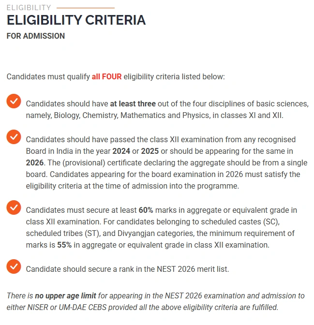 NEST 2026 eligibility criteria, NEST 2026 qualification, NEST 2026 age limit