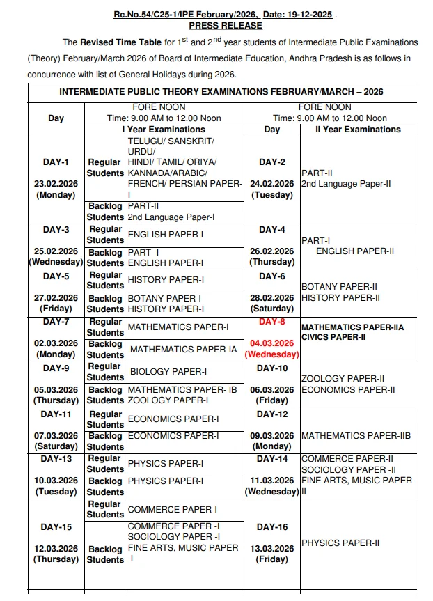AP Inter Time Table 2026 Released — Full Exam Schedule for 2nd Year