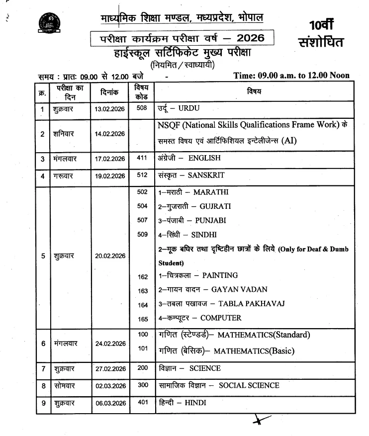MP Board Time Table 2026 Class 10th