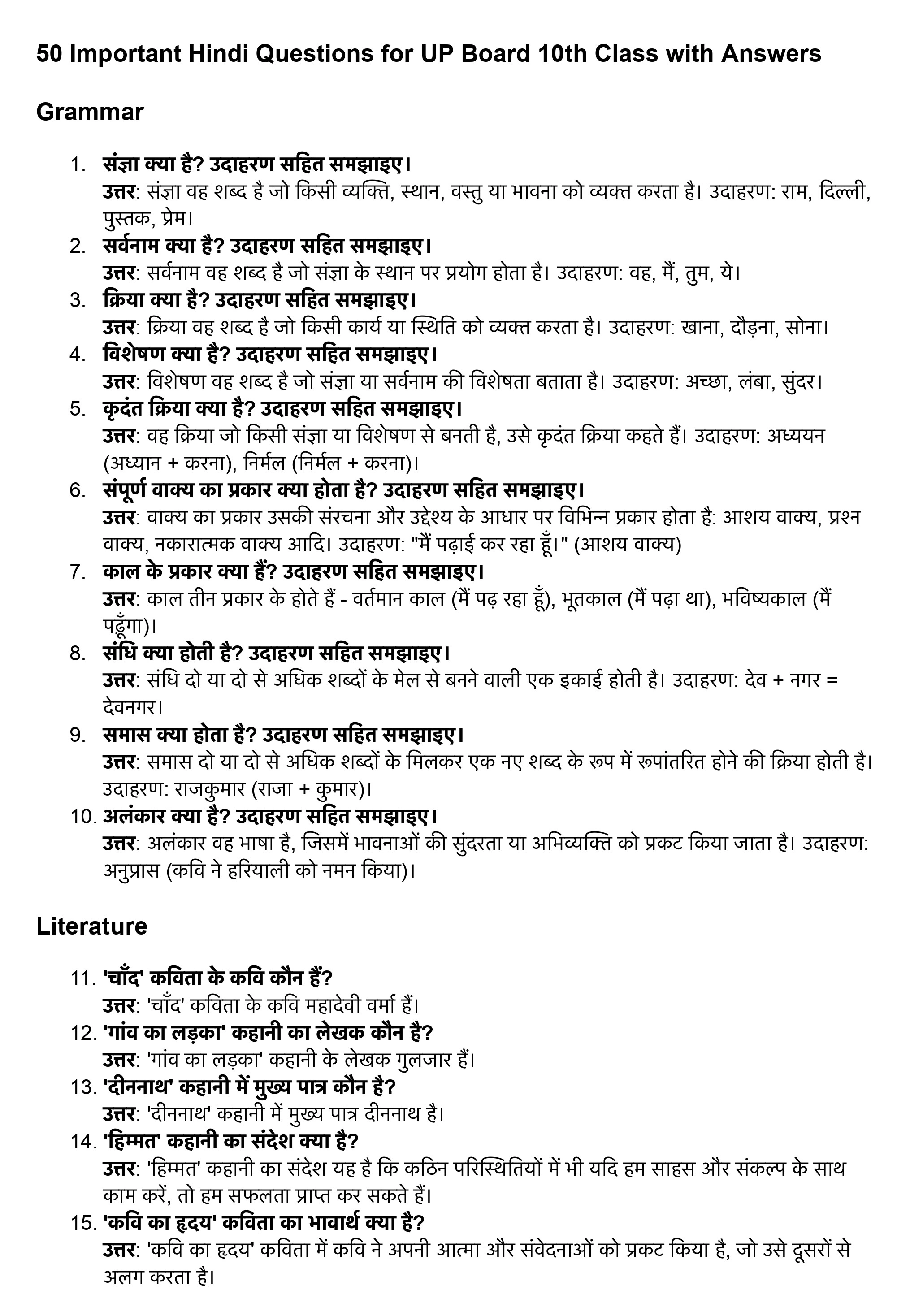 UP Board Class 10 Hindi Important Questions 2026