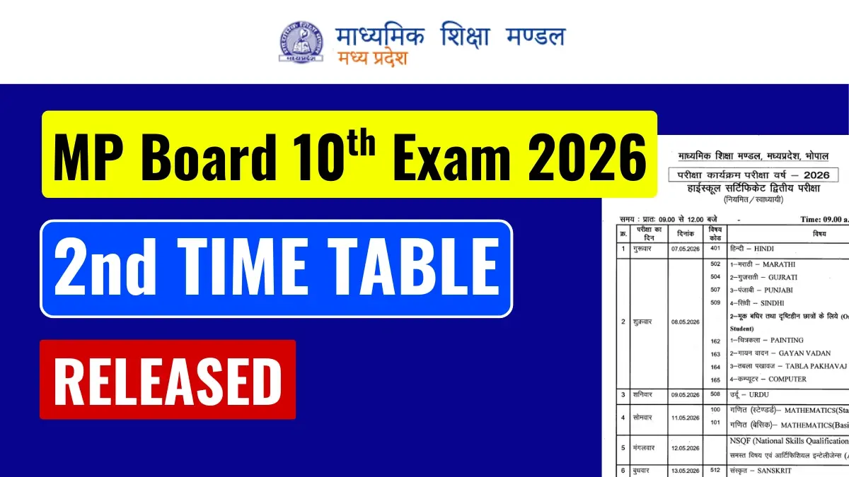 MP Board 10th Time Table 2026