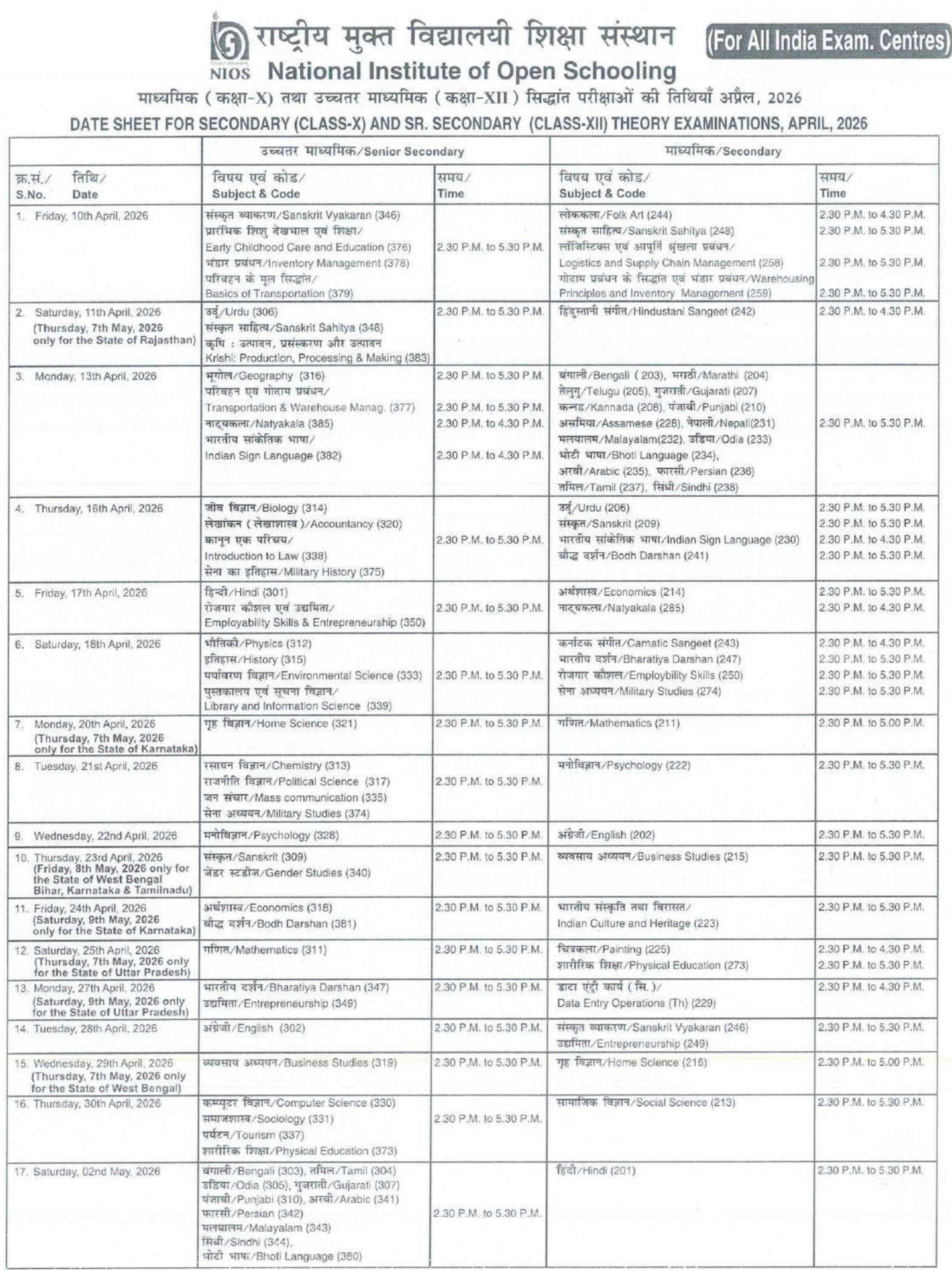 NIOS date sheet 2026