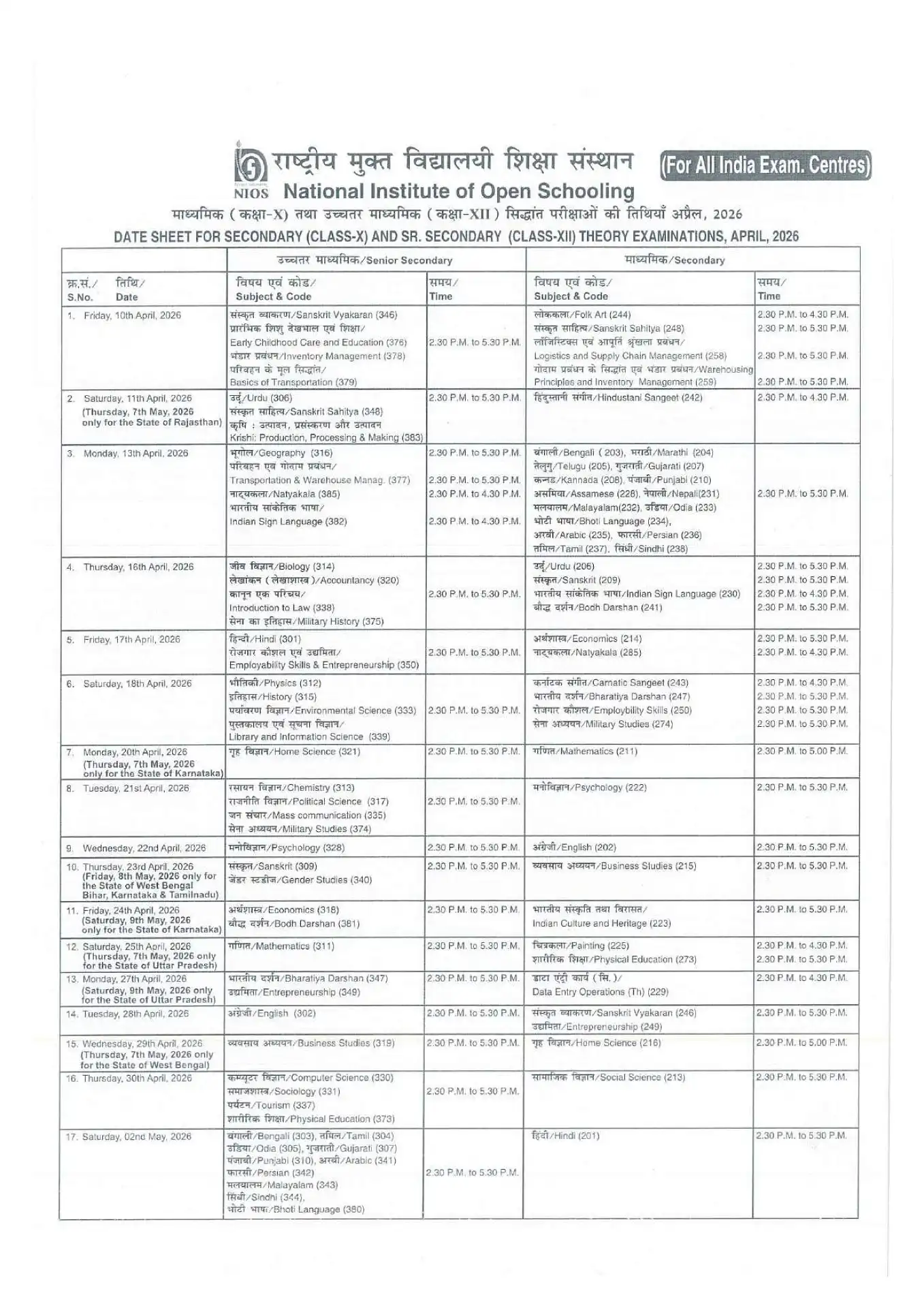 NIOS Date Sheet 2026 Class 12