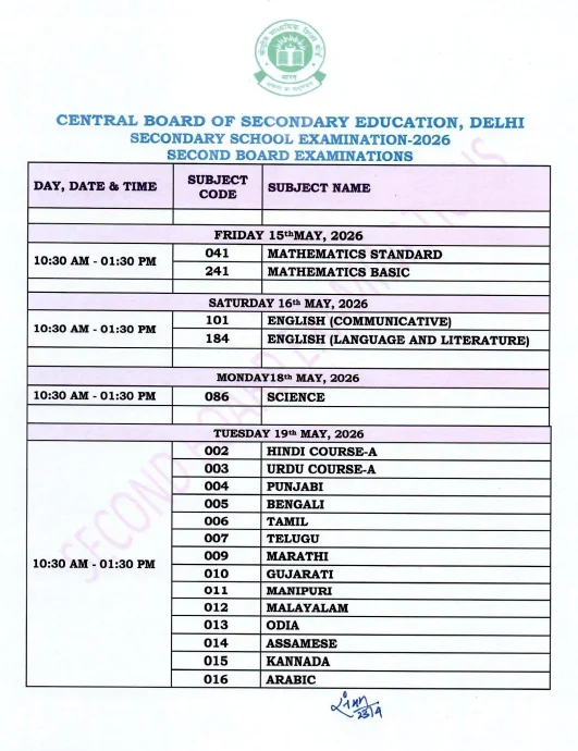 CBSE Class 10 Time Table 2026
