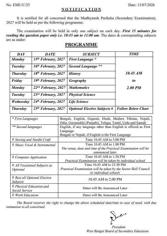 Madhyamik Routine 2027 West Bengal Board