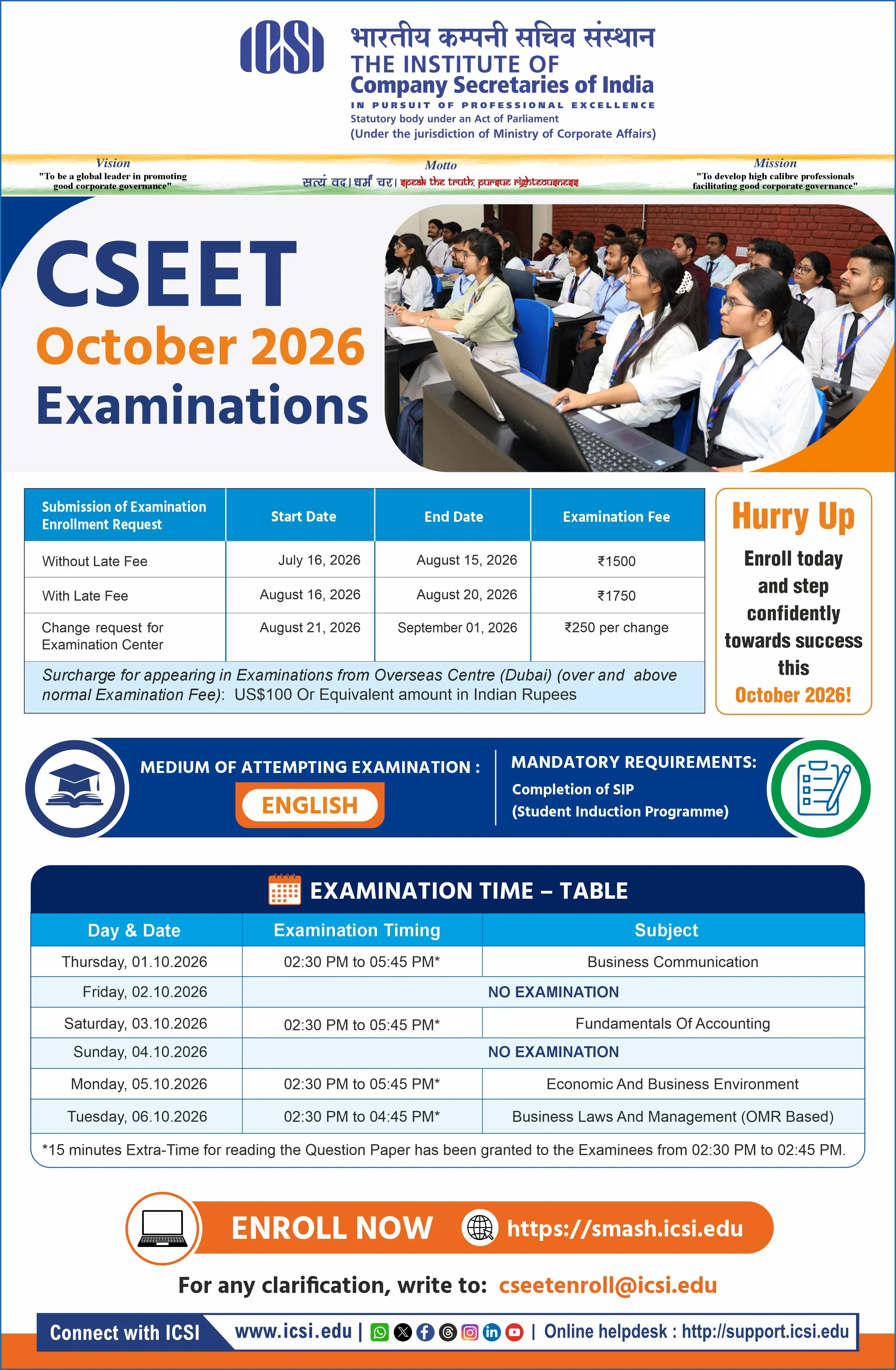 CSEET October 2026 schedule