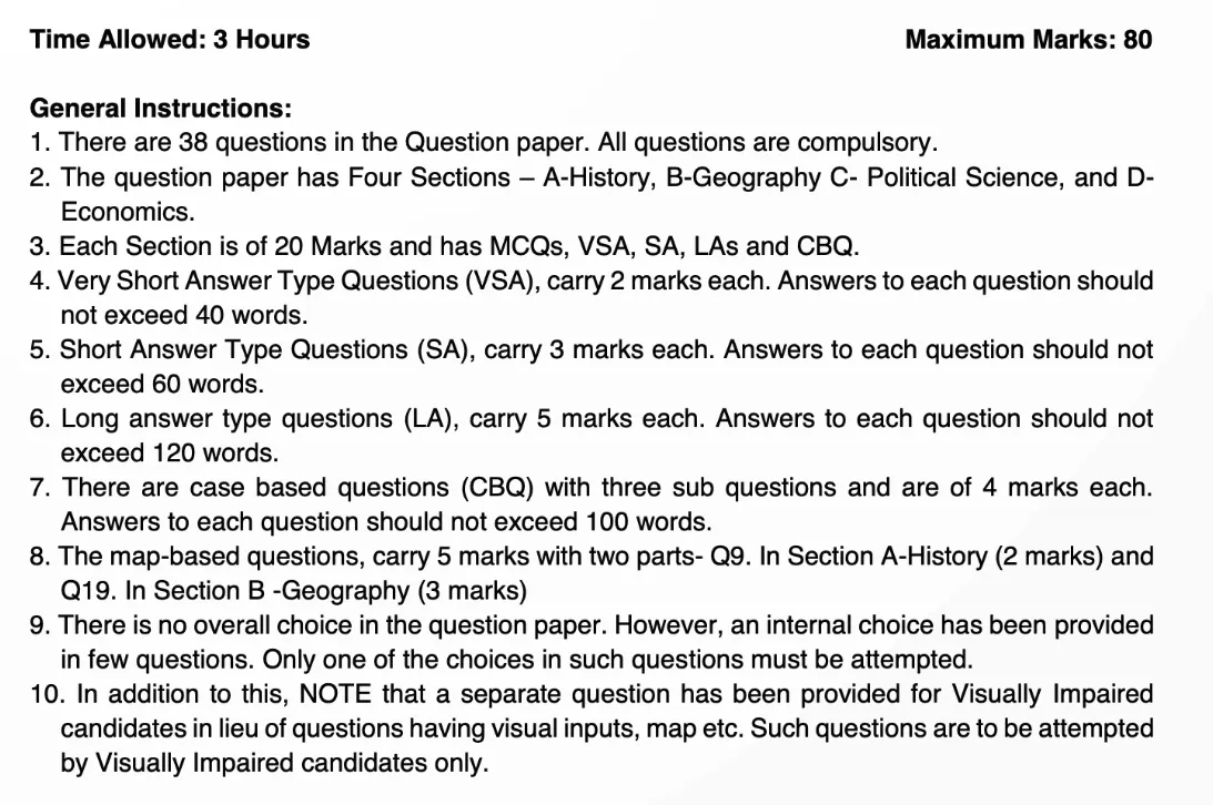 Instructions Mentioned in the CBSE Class 10 Social Science SQP