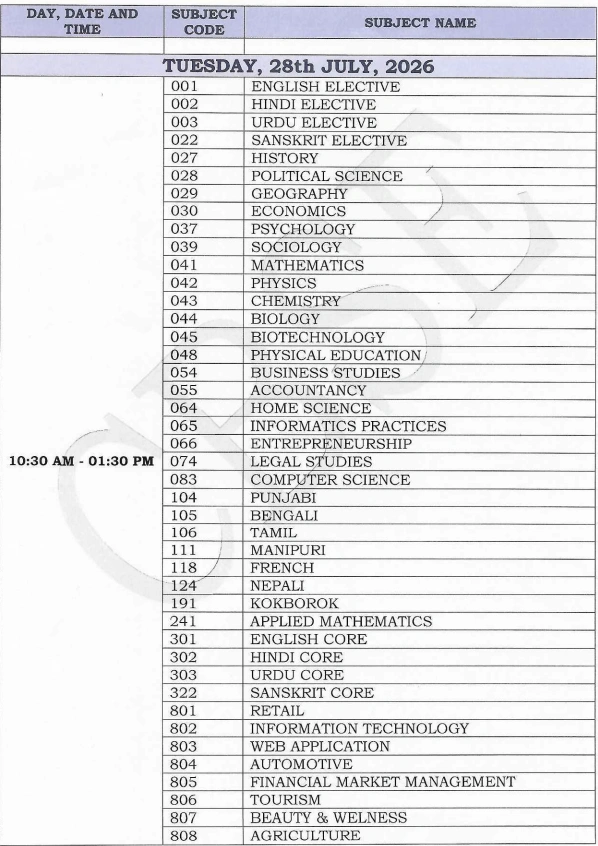 CBSE 12th supplementary datesheet