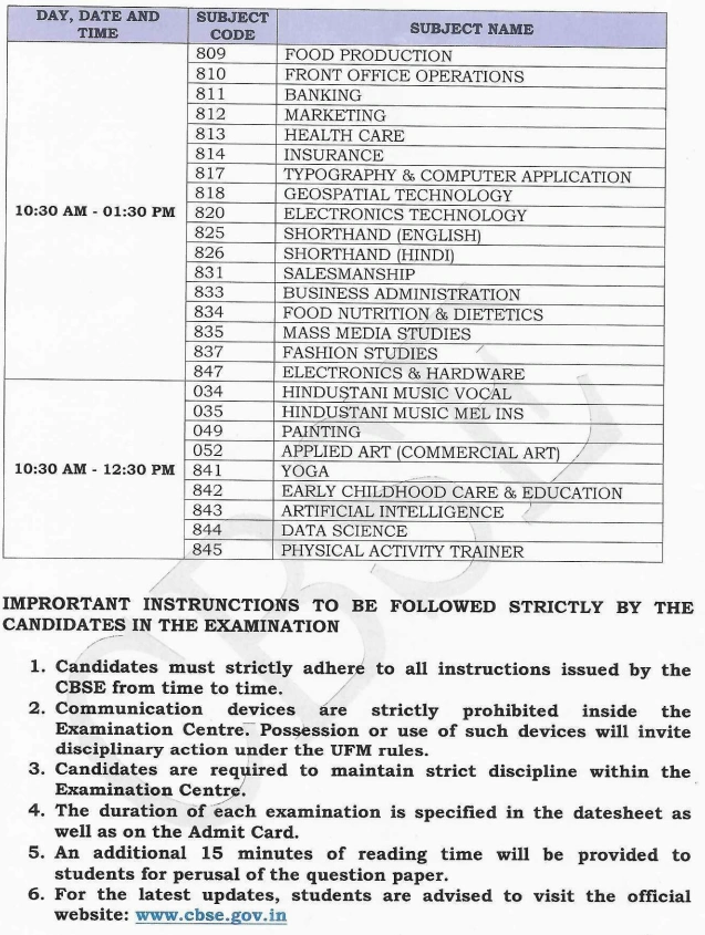 CBSE 12th Supplementary Datesheet