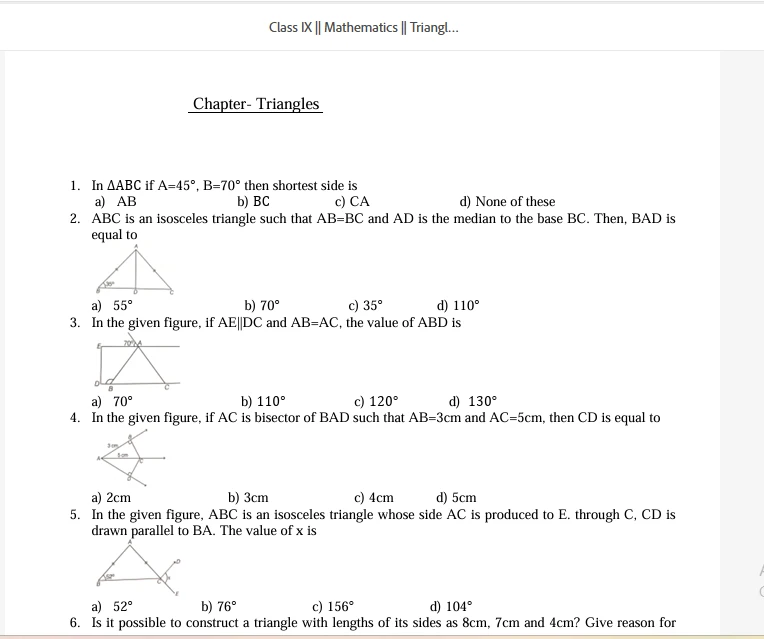 CBSE Class 9 Mathematics Chapter Triangles worksheet 2027 with multiple-choice questions