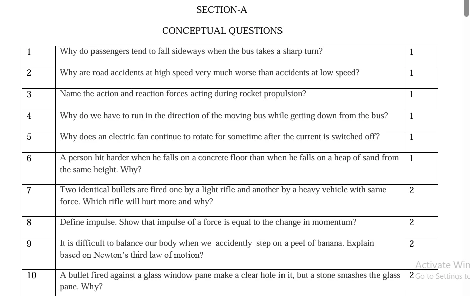 Class 9 Physics worksheets conceptual questions on Newton’s laws of motion, inertia, momentum, impulse