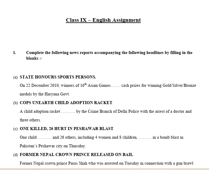CBSE worksheets for Class 9 English assignment on completing news reports with headlines about sports honours, child adoption, a Peshawar blast, and a former Nepal crown prince.