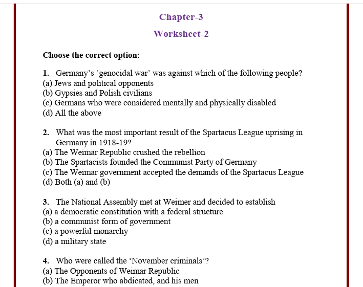Class 9 Chapter 3 worksheet on Nazism and the Rise of Hitler, featuring MCQs