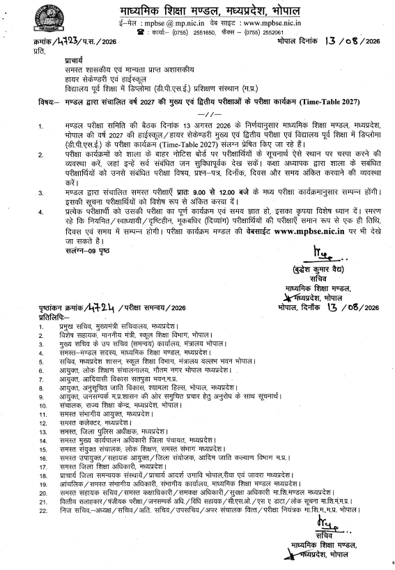 Time Table MP Bord Notification