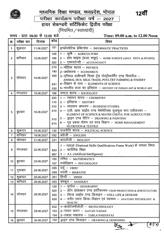 MP Board Class 12th 2nd Main Exam Time Table 2027