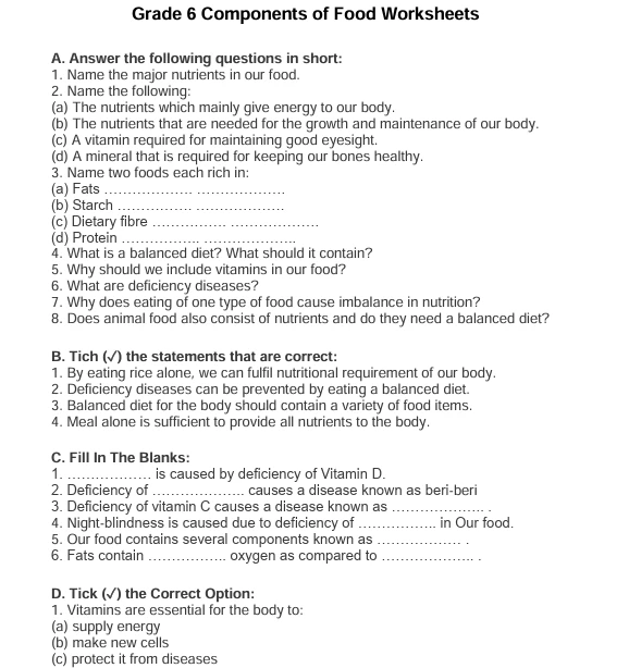 worksheets for Class 6