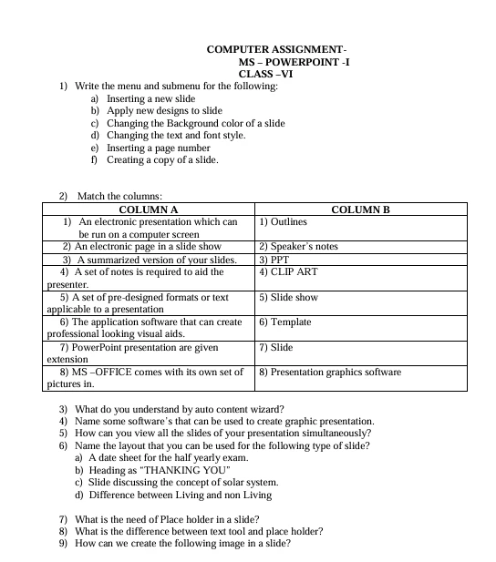 printable worksheets for Class 6