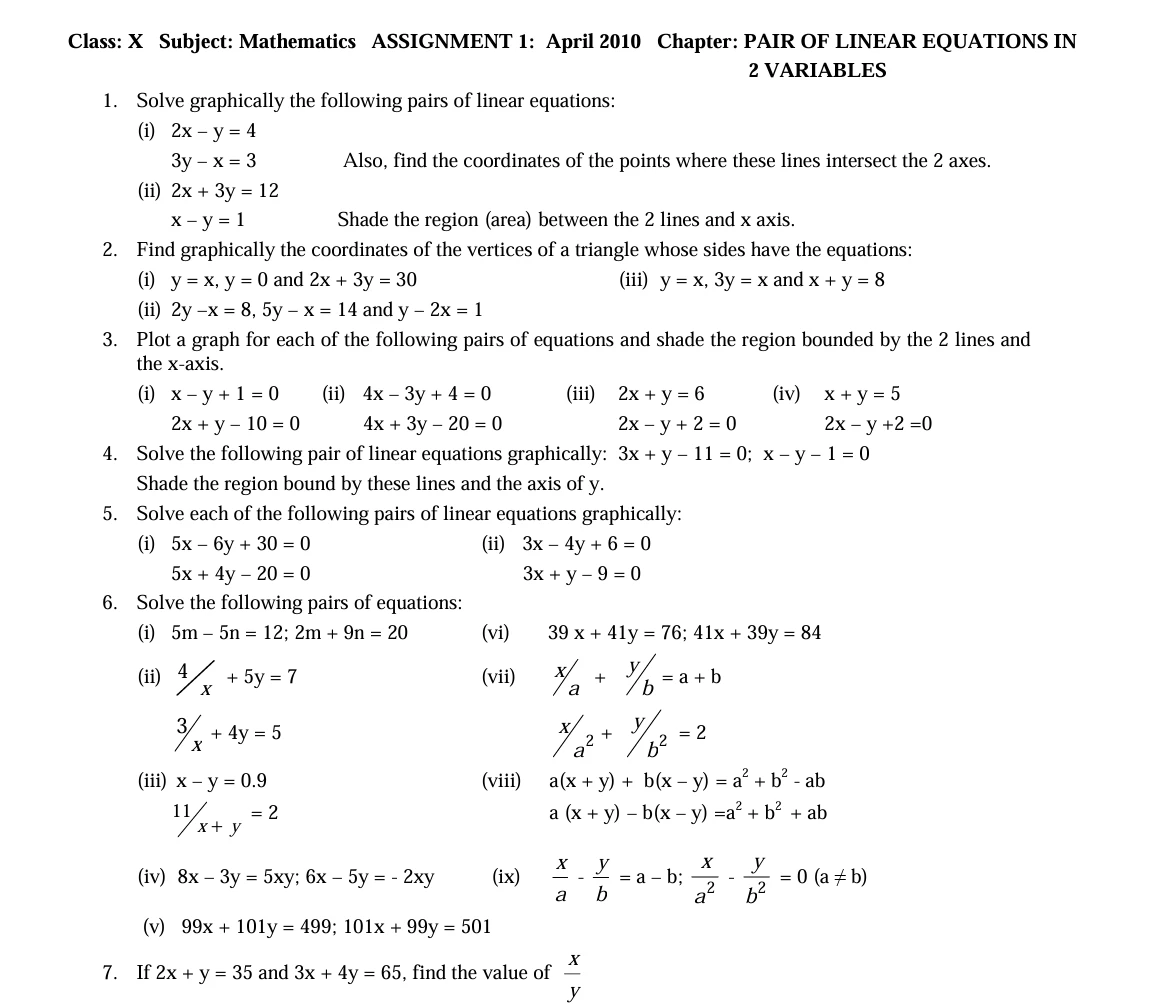 Maths worksheets for Class 10 PDF