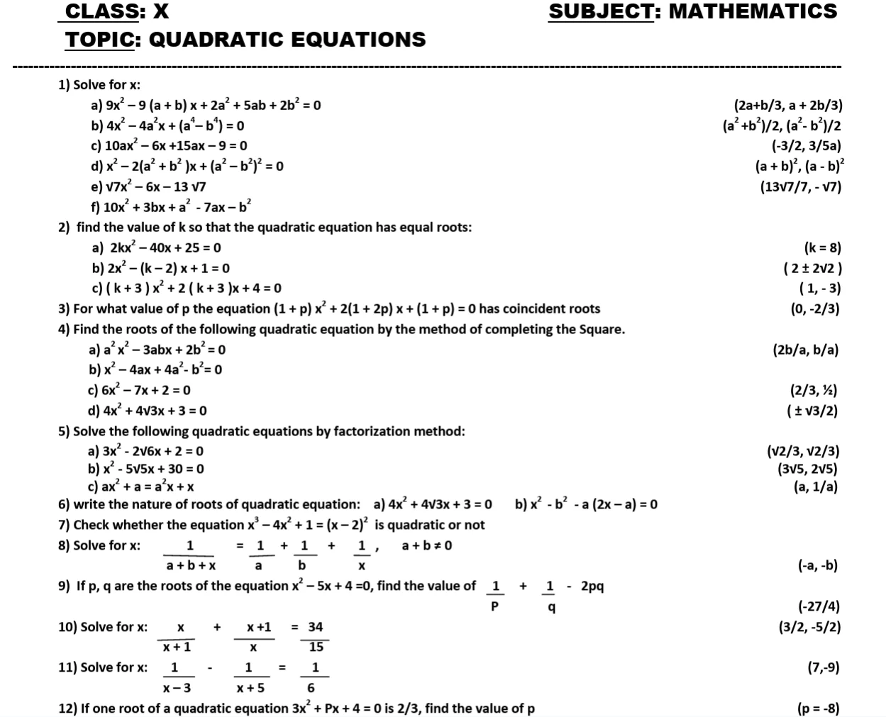 printable Maths worksheets for Class 10
