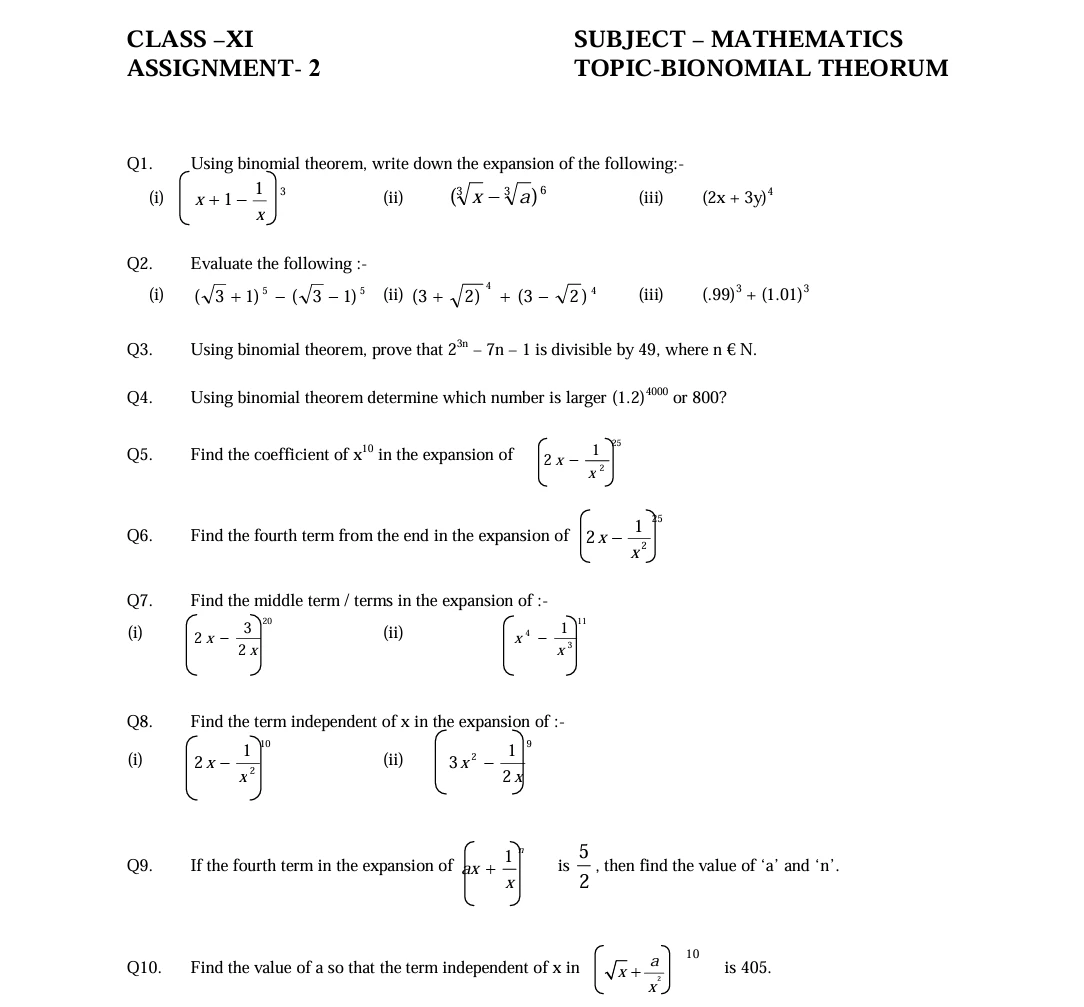 CBSE Class 11 Maths worksheets 2027