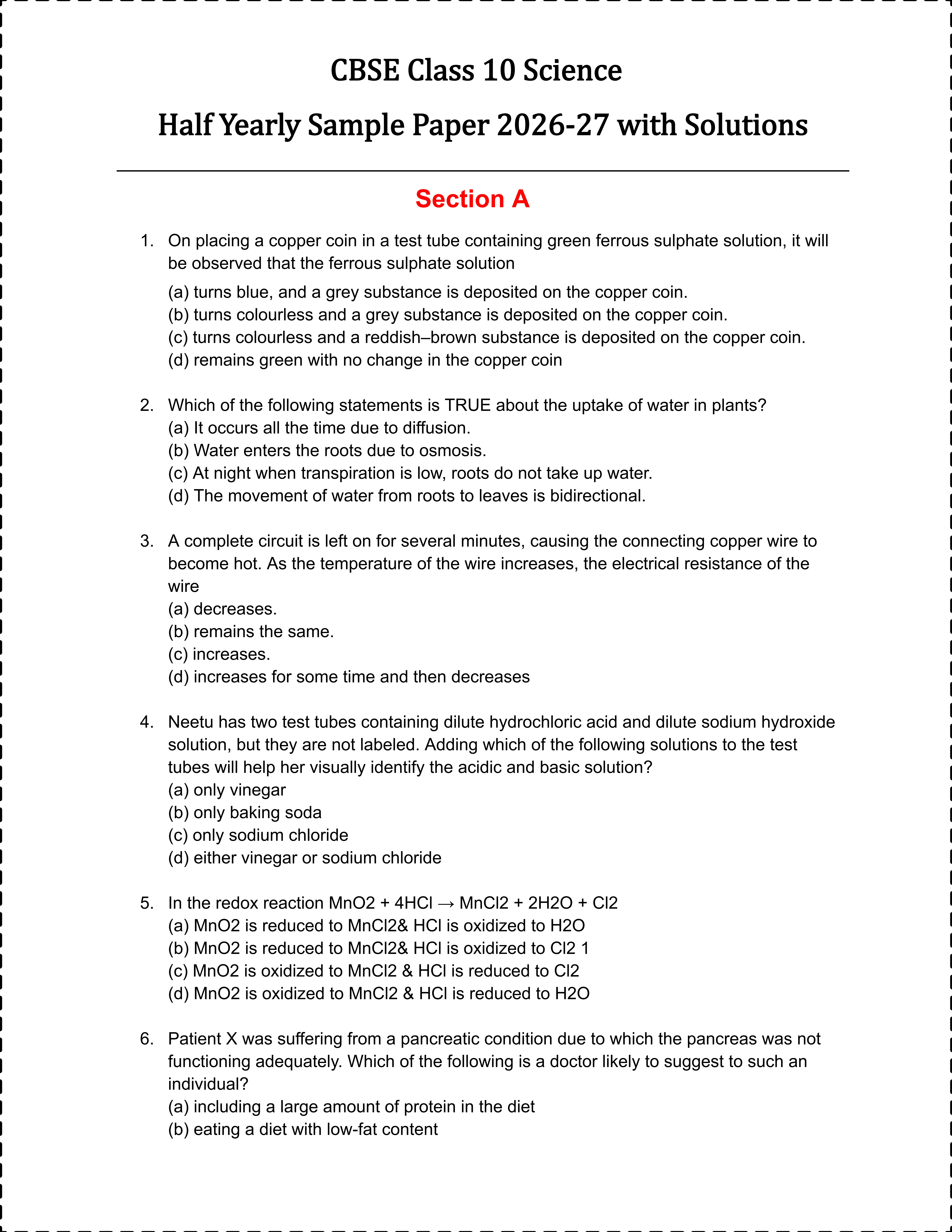 CBSE 10 Science Half Yearly Sample Paper 2026-27