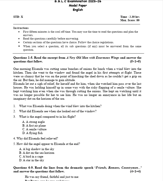 Kerala Board English Model Papers PDF
