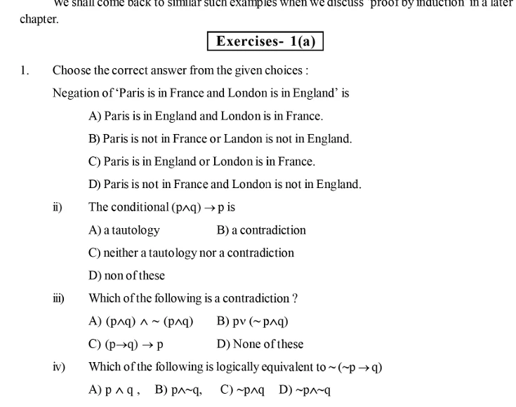 Odisha Class 11 books – Mathematics textbook exercise page covering logical statements, negation, conditional propositions, tautology, contradiction, and logical equivalence.