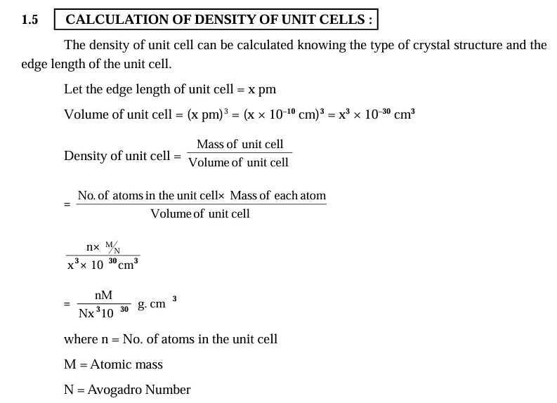Odisha Class 11 books – Chemistry textbook page explaining calculation of density of unit cells, including unit cell volume, mass, atomic mass, and Avogadro number.